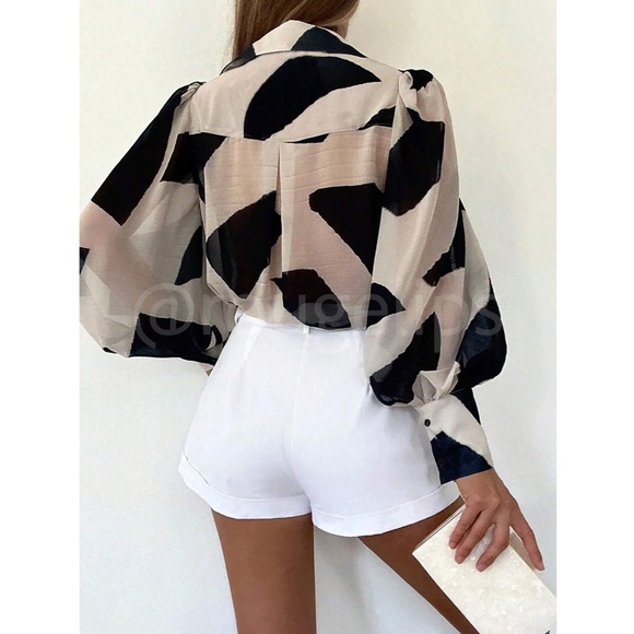 Beige Sheer Abstract Print Button Up Shirt Long Bishop Sleeve - Picture 3 of 7